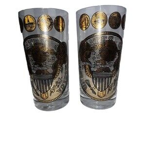 Vintage MCM Gold & Black Coin & Eagle Federal Water Glasses Set of (2) 14oz